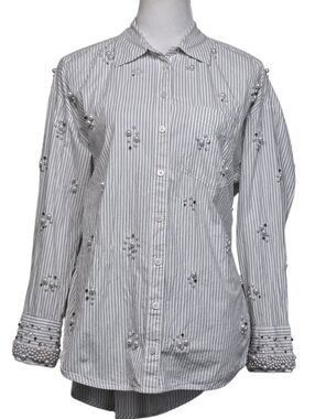 Maeve White Pinstripe Pearl-Embellished Button-Up Blouse